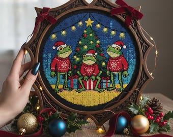 Christmas Frog Trio Cross Stitch Pattern: Holiday Tree Scene & Festive Gifts PDF