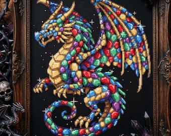 Fantasy Gem Dragon Cross Stitch Pattern: Colorful Mythical Creature Embroidery PDF