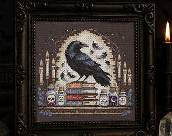 Gothic Raven Library Cross Stitch Pattern Spooky Crow Spellbooks Embroidery Spooky Bird Dark Academia Fantasy Halloween Cross Stitch PDF
