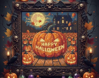 May include: A framed Halloween-themed image with a large pumpkin that says "Happy Halloween". The image features a spooky house, a full moon, and many jack-o'-lanterns. The frame is decorated with skulls, bats, and crows. Colorful leaves and potion bottles complete the scene.