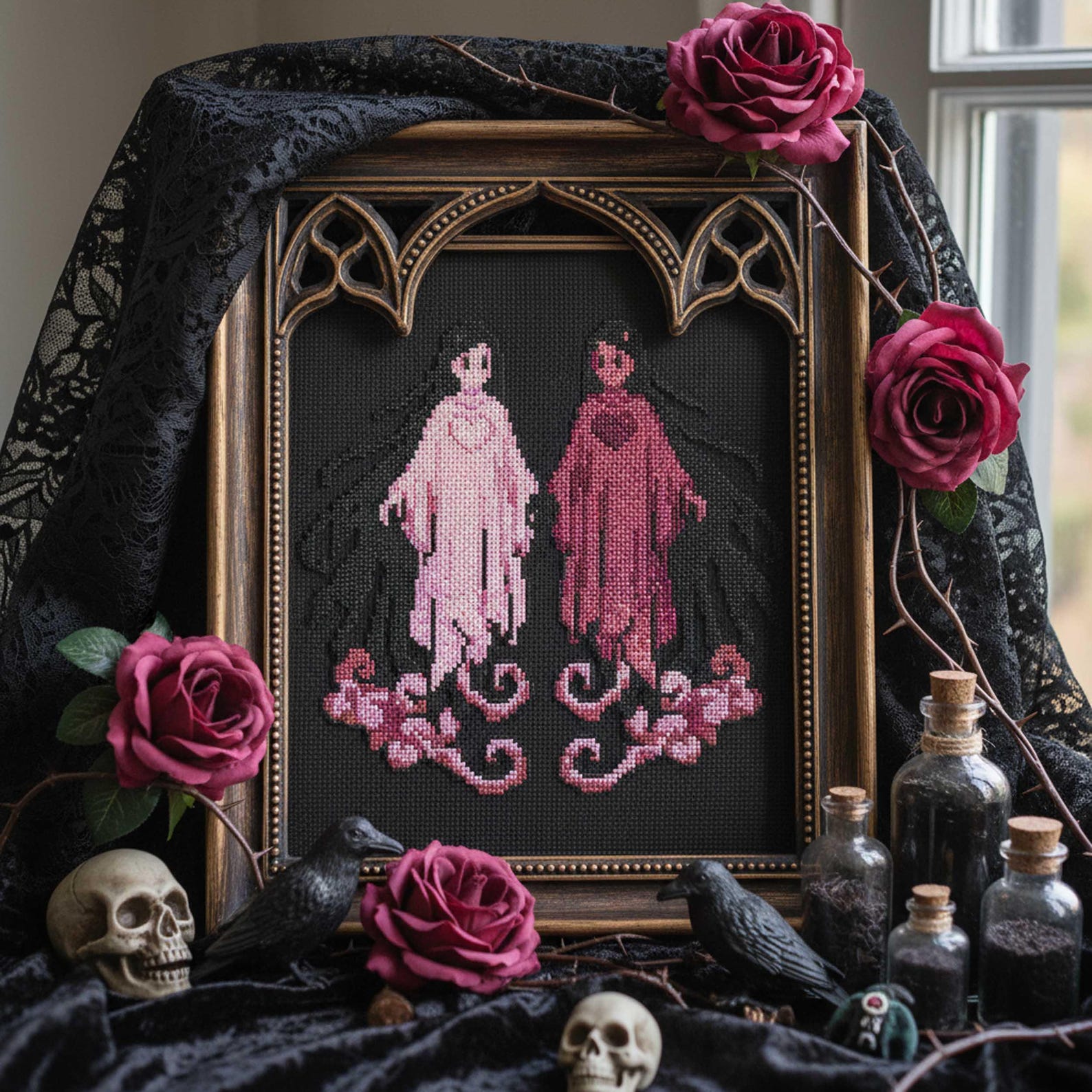 Twin Ghosts Cross Stitch Pattern Gothic Embroidery PDF Dark and Light ...