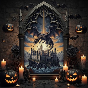 May include: A gothic Halloween scene featuring a castle, dragon, and jack-o'-lanterns. The image includes a framed painting of a dragon flying over a castle, surrounded by candles, bats, and spiderwebs. The color palette is dark with orange and yellow accents.