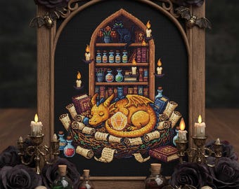 Sleeping Dragon Cross Stitch Pattern – Fantasy Embroidery PDF with Magic Bookshelf, Potions, Black Cat & Crystal Nest Design