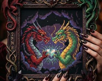 Motif dragon romantique au point de croix : dragons jumeaux enchantés avec coeur lumineux
