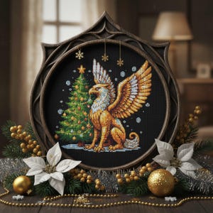 Pode incluir: Arte de ponto cruz de um grifo dourado e árvore de Natal em tecido preto, emoldurada em um aro de madeira escura. A obra de arte é decorada com flocos de neve e uma estrela. A moldura é cercada por decorações de Natal, incluindo poinsétias brancas e bolas douradas.