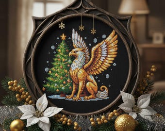 Christmas Griffin Cross Stitch Pattern Golden Mythical Beast Embroidery Gothic Fantasy Holiday Tree Snow Magic Festive Cross Stitch PDF