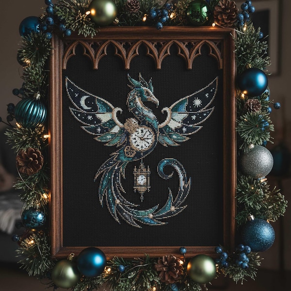 Celestial Phoenix Uhr Kreuzstich-Muster Gothic Fantasy Vogel Stickerei Spooky Steampunk Mond Sterne Magie Gothic Cross Stitch PDF