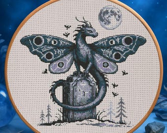 Haunted Dragon Cross Stitch Pattern Halloween Dark Dragon Embroidery Spooky Horror Gothic Dragon Fantasy Halloween Cross Stitch PDF