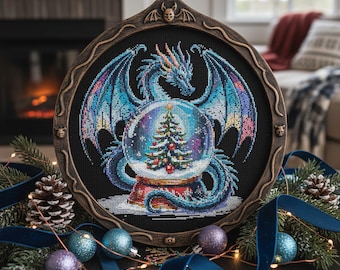 Christmas Dragon Snow Globe Cross Stitch Pattern: Fantasy Holiday Embroidery with Tree Magic (PDF Pattern)