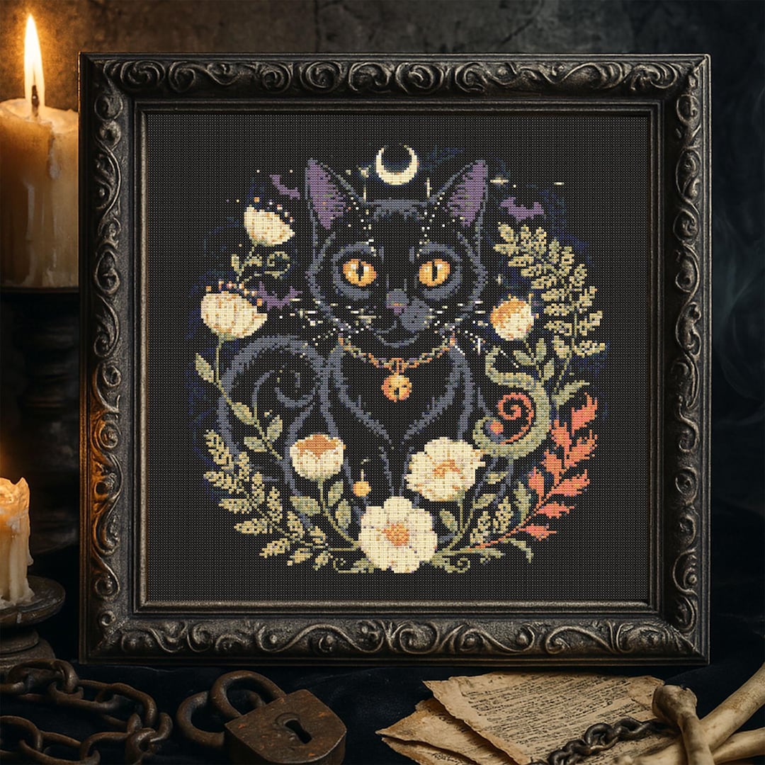 Black Cat Cross Stitch Pattern Halloween Gothic Cat Embroidery Crescent ...