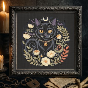 Black Cat Cross Stitch Pattern Halloween Gothic Cat Embroidery Crescent Moon Flowers Witch Familiar Spooky Occult Magic Dark Fantasy PDF