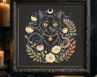 Schwarze Katze Kreuzstich Stickmuster Halloween Gothic Katze Stickbild Halbmond Blumen Hexe Vertraut Spooky Okkult Magie Dark Fantasy PDF