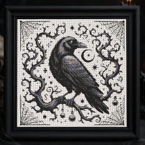 Mystic Raven Cross Stitch Pattern Spooky Raven Embroidery Gothic Crow Spooky Horror Magic Bird Skull Dark Academia Halloween Cross Stitch