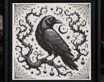 May include: Cross-stitch artwork of a black raven on a branch, framed in black. The raven is surrounded by thorny vines, stars, a crescent moon, and hanging potion bottles. The background is white with a dotted pattern.