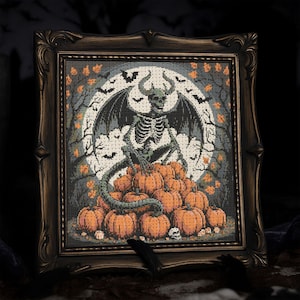 Gothic Skeleton Demon Cross Stitch Pattern Pumpkin Skeleton Demon Embroidery Spooky Skull Fantasy Vampire Witch Halloween Cross Stitch PDF