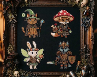 Fantasy Party Cross Stitch Pattern: Magical Animal Adventurers Embroidery PDF