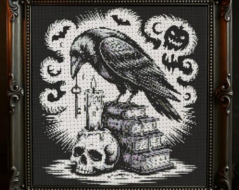 May include: Framed cross-stitch artwork depicting a black raven on books, a skull, and a candle, holding a key. Bats and a pumpkin are in the background. The frame is dark and ornate.