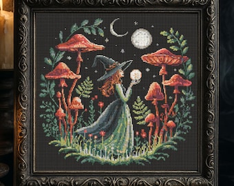 May include: Cross-stitch art in a dark, ornate frame. The artwork depicts a witch in a long green dress, holding a crystal ball, surrounded by red mushrooms and foliage. A crescent moon and full moon are in the night sky.