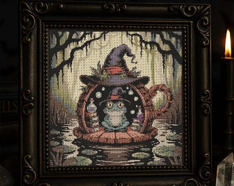Magical Witch Frog Cross Stitch Pattern Enchanted Frog in Teacup Embroidery Potion Bottles Fairy Lights Fantasy Halloween Cross Stitch PDF