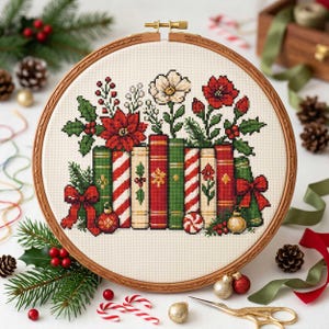 May include: A circular wooden embroidery hoop containing a cross-stitch pattern of a row of books decorated with holiday motifs, including poinsettias, holly, red and white candy cane stripes, and bows, set against a cream-colored fabric background.