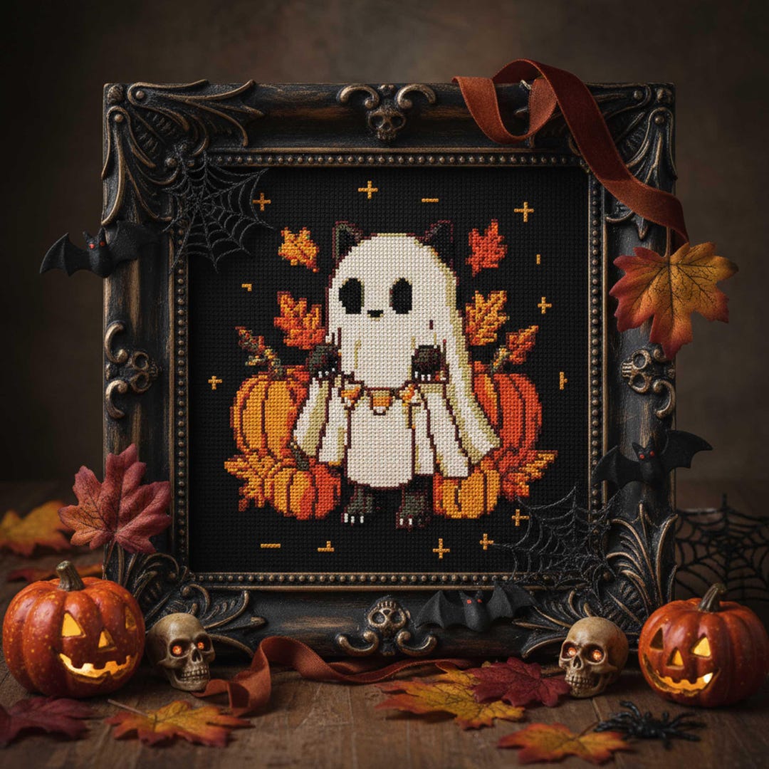 Ghost Cat Cross Stitch Pattern Halloween Embroidery PDF Cute Spooky ...