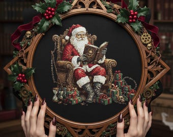 Santa Reading Magic Book Cross Stitch Pattern – Antique Chair Christmas Embroidery PDF