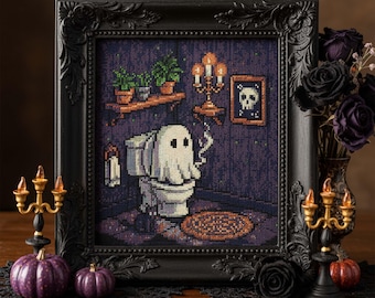 May include: A framed cross-stitch artwork depicts a ghost sitting on a toilet, smoking. The scene is set in a purple-walled bathroom with a skull picture, plants, and a candle holder. The frame is black, and the overall theme is Halloween.
