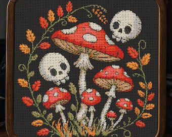 Mushrooms Skull Cross Stitch Pattern Halloween Fantasy Mushroom Ghost Embroidery Gothic Spooky Cute Skeleton Halloween Cross Stitch PDF