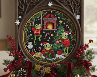 Wzór haftu krzyżykowego „Świąteczne żaby”: dekoracja choinki i przytulny kominek w formacie PDF