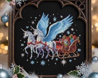 Winged Unicorn Sleigh Cross Stitch Pattern Fantasy Christmas Embroidery PDF Magical Winter Scene with Gifts and Snowflake Holiday Design