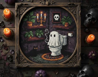 May include: A framed cross-stitch depicting a spooky bathroom scene with a ghost on a toilet. The artwork features a black cat, candles, skulls, and pumpkins, all arranged on a wooden surface, creating a Halloween theme.