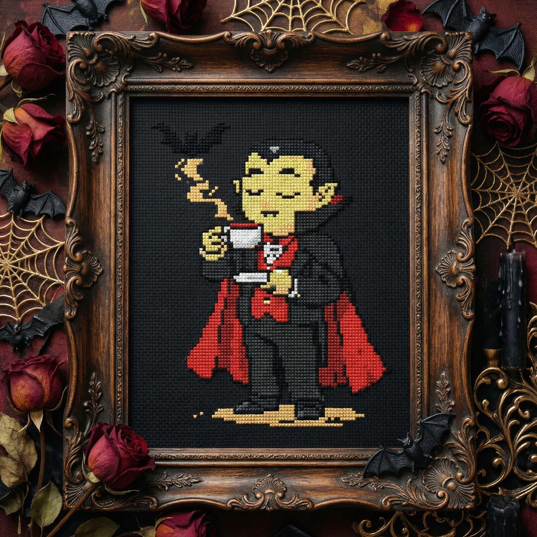 Vampire Weekend Croakerman Pattern Vampire Cross Stitch Pattern: Dracula Drinking Coffee With Bat ...