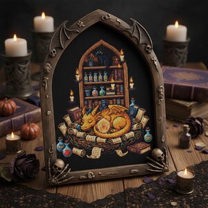 Golden Dragon Cross-Stitch Pattern PDF – Baby Dragon Sleeping in Library
A fantasy embroidery design of a golden baby dragon curled up in its nest, surrounded by glowing candles, potion bottles, scrolls, and bookshelves. A cozy gothic library atmosphere makes this cross-stitch perfect for dragon lovers and fantasy décor.
Fantasy Library Dragon Cross-Stitch PDF – Magical Embroidery Scene
This enchanted embroidery PDF features a golden dragon sleeping in front of a potion-filled bookshelf