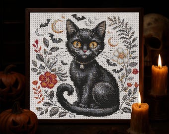 Black Cat Cross Stitch Pattern Halloween Gothic Cat Embroidery Crescent Moon Bats Flowers Autumn Leaves Spooky Witch Familiar Fantasy PDF