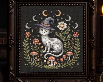 Witch Cat Cross Stitch Pattern Halloween Magic Cat Embroidery Crescent Moons Flowers Mushrooms Spooky Gothic Cottage core Fantasy PDF