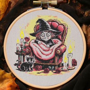 Cozy Witch Cat Cross Stitch Pattern Gothic Witch Embroidery Pattern Spooky Horror Roses Witch Magic Dark Academia Halloween Cross Stitch PDF