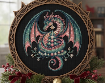 Christmas Dragon Cross Stitch Pattern Gothic Fantasy Dragon with Tree Embroidery Spooky Holiday Winter Magic Ornaments Cross Stitch PDF