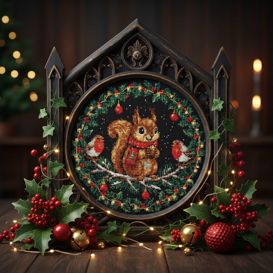 Holiday Wreath Squirrel Cross Stitch Pattern: Cozy Winter Birds ...