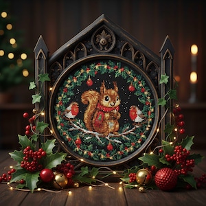 May include: A cross-stitch of a squirrel wearing a red scarf and sweater, perched on a branch with two robins. The design is framed in a dark wooden gothic-style frame, surrounded by holly, berries, and fairy lights. A festive, seasonal decoration.
