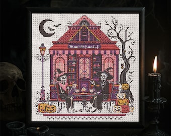 Witch Tea House Cross Stitch Pattern Halloween Gothic Café Embroidery Witches Skeletons Pumpkins Moon Bats Spooky Horror Fantasy PDF