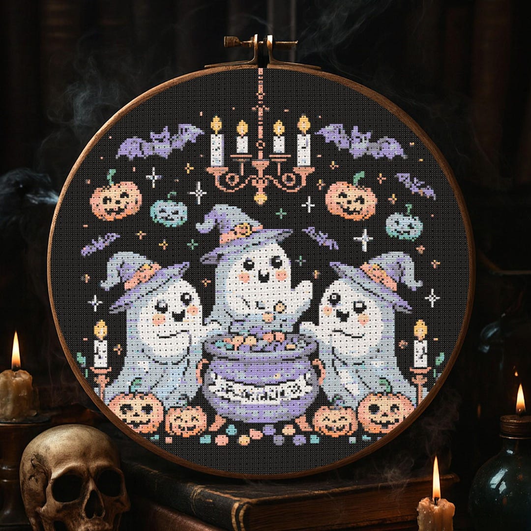 Cute Spooky Ghost Party Cross Stitch Pattern Halloween Witch Ghost ...