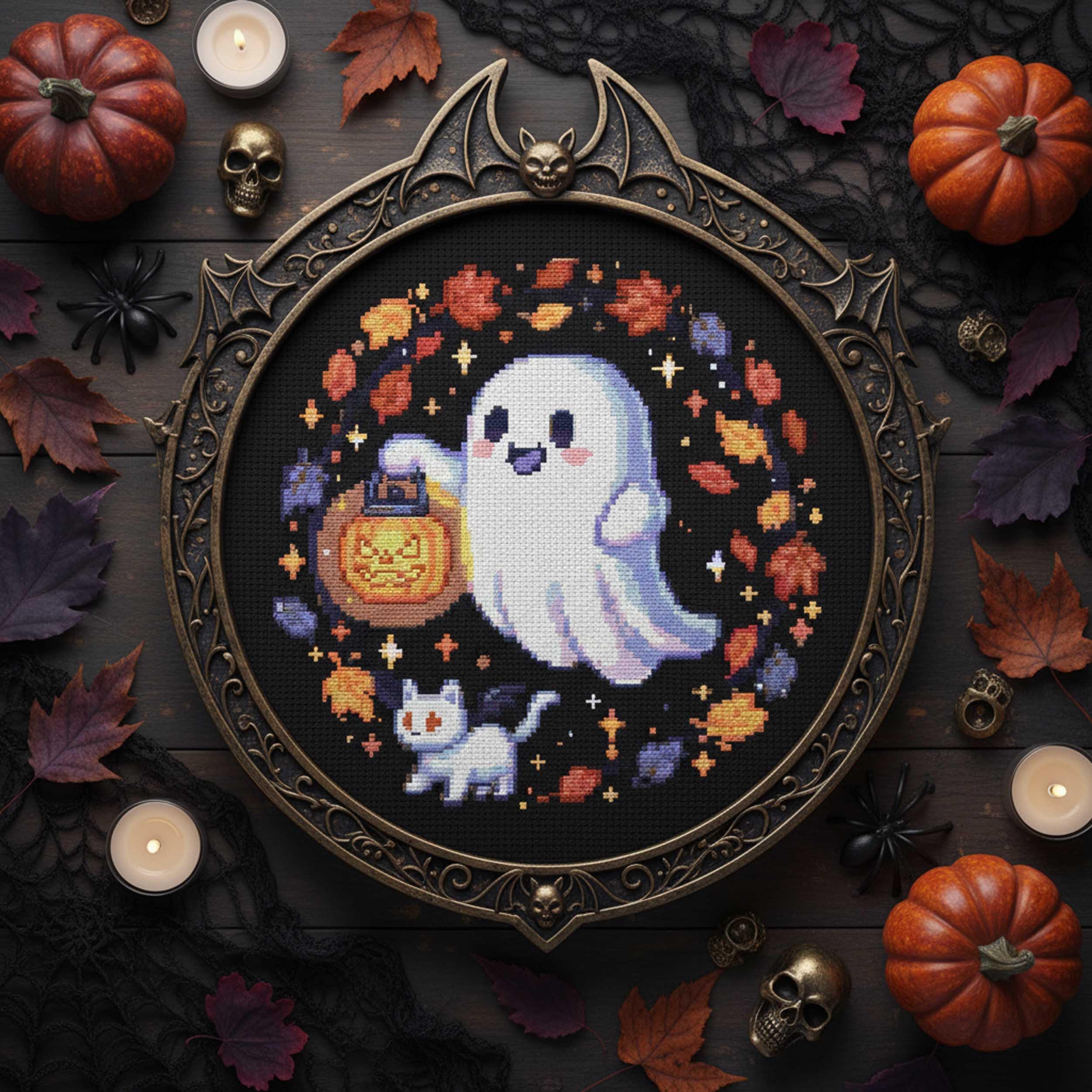 Cute Ghost Cross Stitch Pattern Kawaii Halloween Embroidery Spooky Cat ...