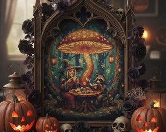 Witch Tea Party Cross Stitch Pattern – Fantasy Embroidery PDF with Raccoon, Glowing Mushroom, Forest Lanterns & Cozy Cottage core Magic