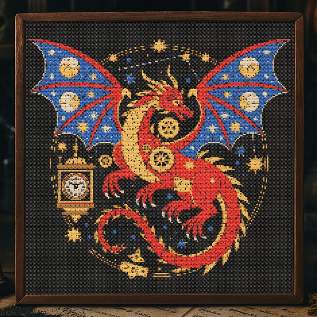 Celestial Red Dragon Cross Stitch Pattern Fantasy Dragon Clock ...