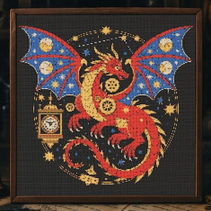 Celestial Red Dragon Cross Stitch Pattern Fantasy Dragon Clock Embroidery Spooky Horror Gothic Dragon Fantasy Halloween Cross Stitch PDF