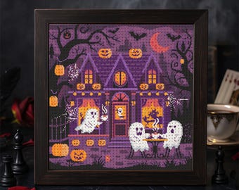 Spökhus, spöken, korsstygnsmönster, Halloween, lila herrgård, broderi, tebjudning, pumpor, fladdermöss, spindelnät, kuslig gotisk fantasi, PDF