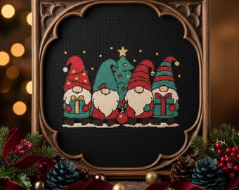 Festive Gnome Friends Cross Stitch Pattern: Christmas Tree & Presents Holiday Embroidery PDF