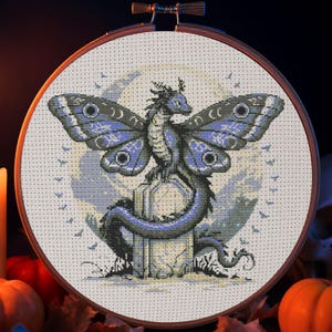 Fantasy Dragon Cross Stitch Pattern Halloween Dark Dragon Embroidery Spooky Horror Gothic Butterfly Wings Fantasy Halloween Cross Stitch PDF
