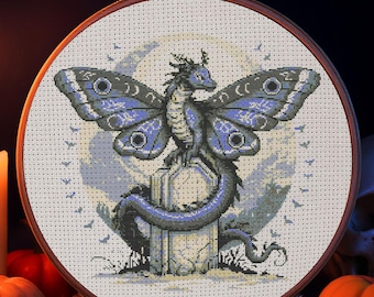 Fantasy Dragon Cross Stitch Pattern Halloween Dark Dragon Embroidery Spooky Horror Gothic Butterfly Wings Fantasy Halloween Cross Stitch PDF