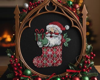 Santa in Red Stocking Cross Stitch Pattern Christmas Embroidery PDF Holiday Gift Stitch Design